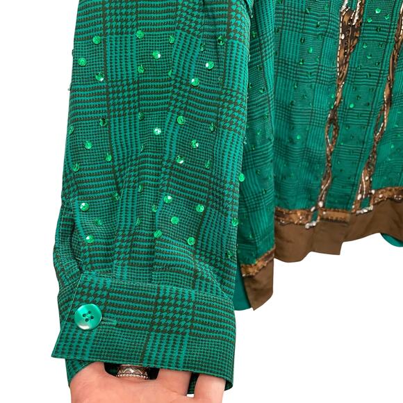 Vintage Diane Gilman Pure Silk Sequin Embellished Horse Print Button Up Green 1X - Picture 5 of 9